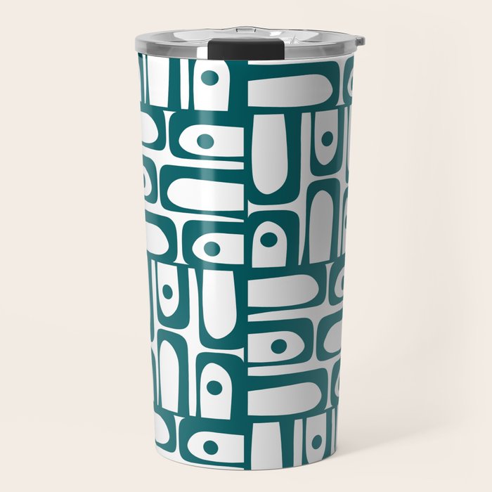 Mid Century Modern Piquet Abstract Multi Pattern in Deep Teal Marine Green-Blue and White Travel Mug Gallery Image 1