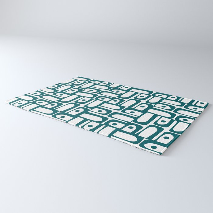 Mid Century Modern Piquet Abstract Multi Pattern in Deep Teal Marine Green-Blue and White Rug Gallery Image 3