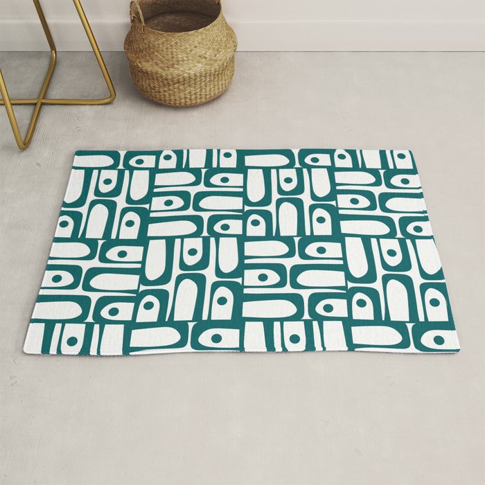 Mid Century Modern Piquet Abstract Multi Pattern in Deep Teal Marine Green-Blue and White Rug Gallery Image 1