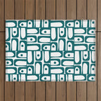 Mid Century Modern Piquet Abstract Multi Pattern in Deep Teal Marine Green-Blue and White Outdoor Rug Gallery Image 1