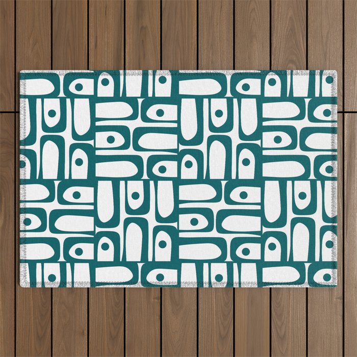 Mid Century Modern Piquet Abstract Multi Pattern in Deep Teal Marine Green-Blue and White Outdoor Rug Gallery Image 1