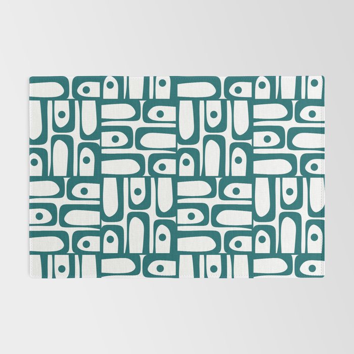 Mid Century Modern Piquet Abstract Multi Pattern in Deep Teal Marine Green-Blue and White Rug Gallery Image 2
