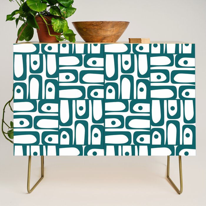 Mid Century Modern Piquet Abstract Multi Pattern in Deep Teal Marine Green-Blue and White Credenza Gallery Image 1