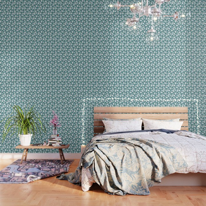 Mid Century Modern Piquet Abstract Multi Pattern in Deep Teal Marine Green-Blue and White Wallpaper Gallery Image 3