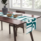 Mid Century Modern Piquet Abstract Multi Pattern in Deep Teal Marine Green-Blue and White Table Runner Gallery Image 2