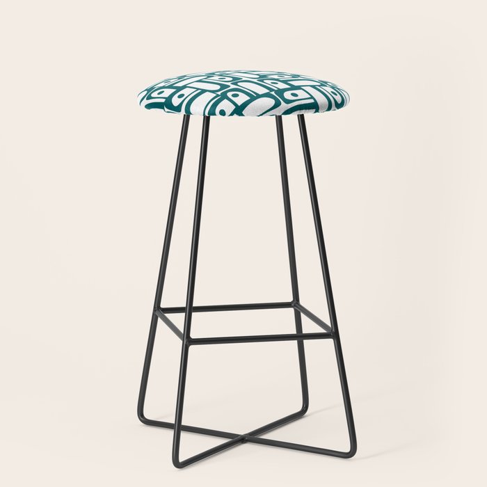 Mid Century Modern Piquet Abstract Multi Pattern in Deep Teal Marine Green-Blue and White Stool Gallery Image 1