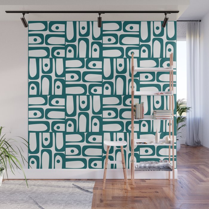 Mid Century Modern Piquet Abstract Multi Pattern in Deep Teal Marine Green-Blue and White Wall Mural Gallery Image 1