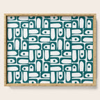 Mid Century Modern Piquet Abstract Multi Pattern in Deep Teal Marine Green-Blue and White Serving Tray Gallery Image 1