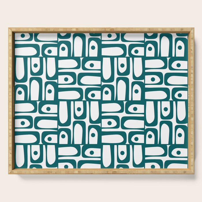 Mid Century Modern Piquet Abstract Multi Pattern in Deep Teal Marine Green-Blue and White Serving Tray Gallery Image 1
