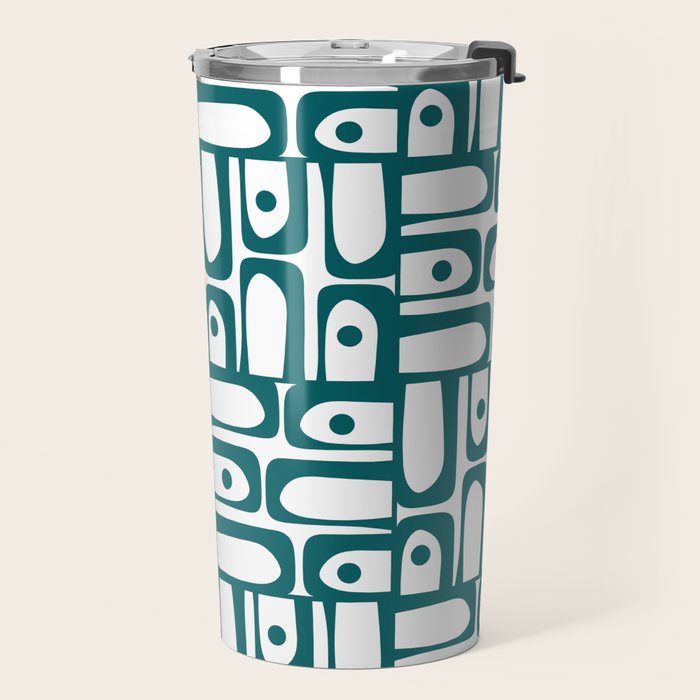 Mid Century Modern Piquet Abstract Multi Pattern in Deep Teal Marine Green-Blue and White Travel Mug Gallery Image 2