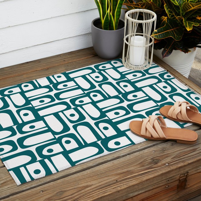Mid Century Modern Piquet Abstract Multi Pattern in Deep Teal Marine Green-Blue and White Outdoor Rug Gallery Image 2