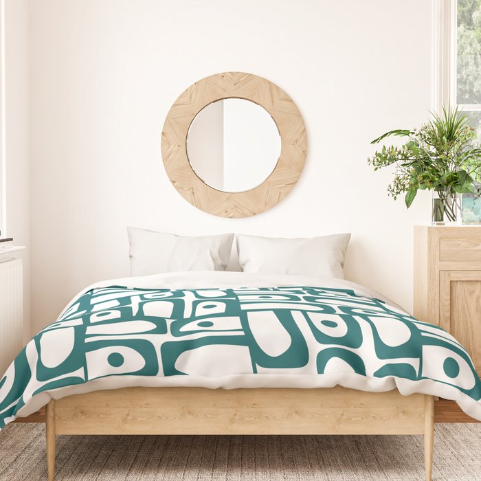 Mid Century Modern Piquet Abstract Multi Pattern in Deep Teal Marine Green-Blue and White Duvet Cover Gallery Image 3
