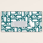 Mid Century Modern Piquet Abstract Multi Pattern in Deep Teal Marine Green-Blue and White Desk Mat Gallery Image 1