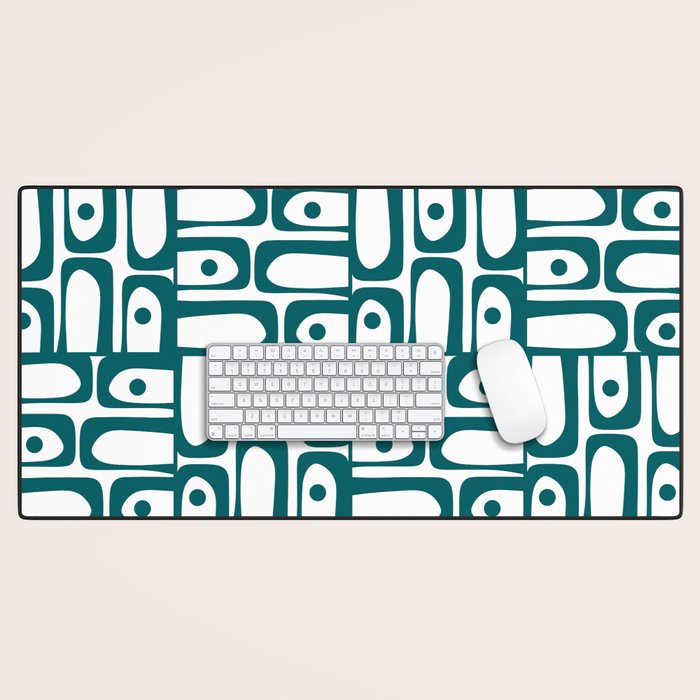 Mid Century Modern Piquet Abstract Multi Pattern in Deep Teal Marine Green-Blue and White Desk Mat Gallery Image 1