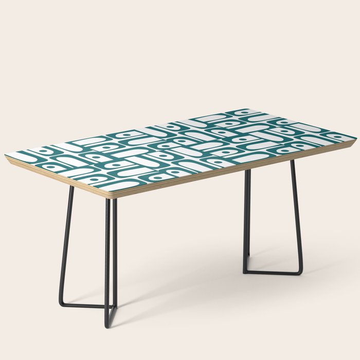 Mid Century Modern Piquet Abstract Multi Pattern in Deep Teal Marine Green-Blue and White Coffee Table Gallery Image 1