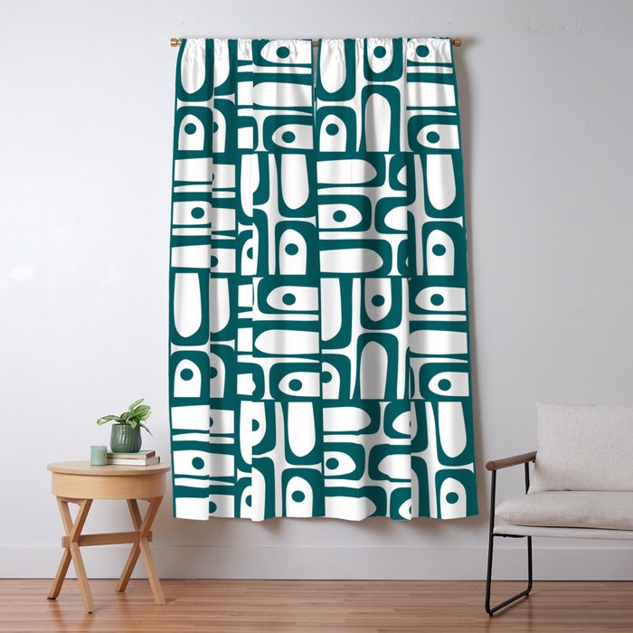 Mid Century Modern Piquet Abstract Multi Pattern in Deep Teal Marine Green-Blue and White Window Curtain Gallery Image 5