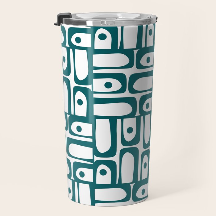 Mid Century Modern Piquet Abstract Multi Pattern in Deep Teal Marine Green-Blue and White Travel Mug Gallery Image 3