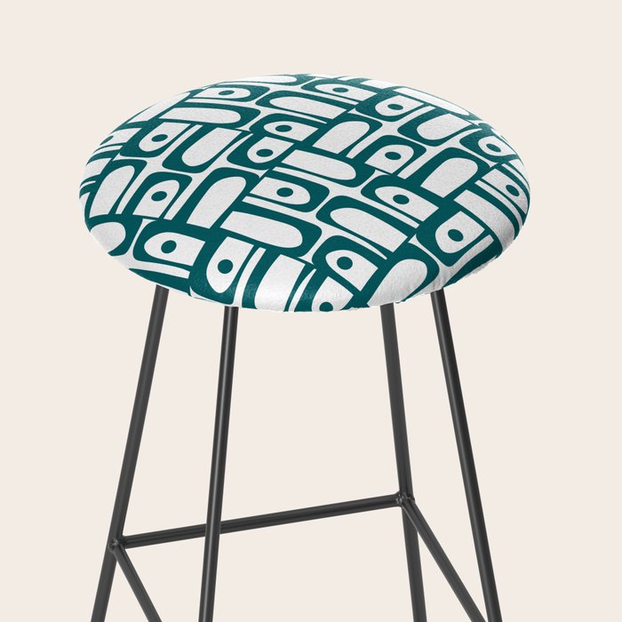 Mid Century Modern Piquet Abstract Multi Pattern in Deep Teal Marine Green-Blue and White Stool Gallery Image 2
