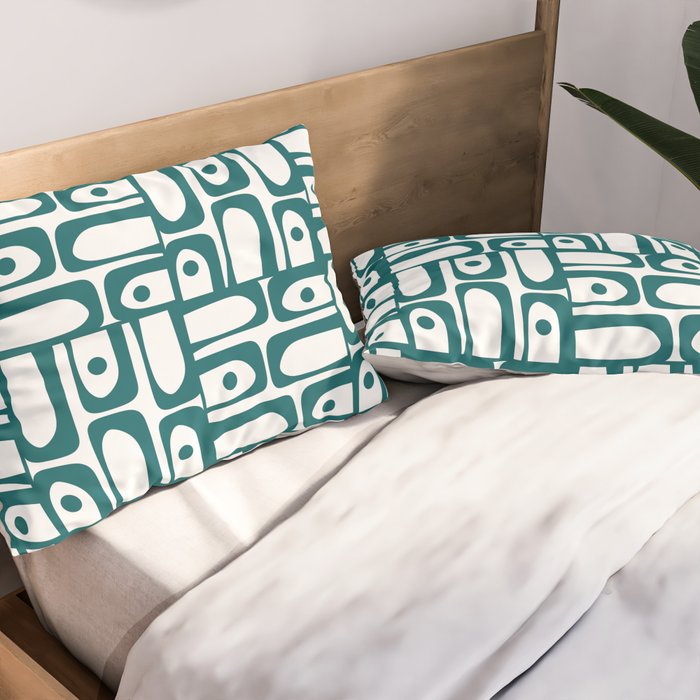 Mid Century Modern Piquet Abstract Multi Pattern in Deep Teal Marine Green-Blue and White Pillow Sham Gallery Image 2