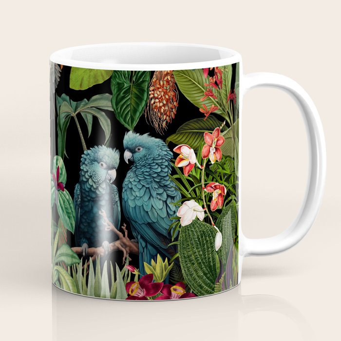 Midnight Vintage Exotic Flower And Birds Garden Jungle Coffee Mug Gallery Image 1