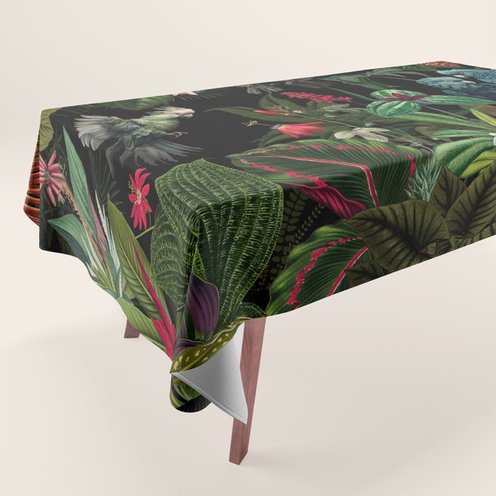 Midnight Vintage Exotic Flower And Birds Garden Jungle Tablecloth Gallery Image 1