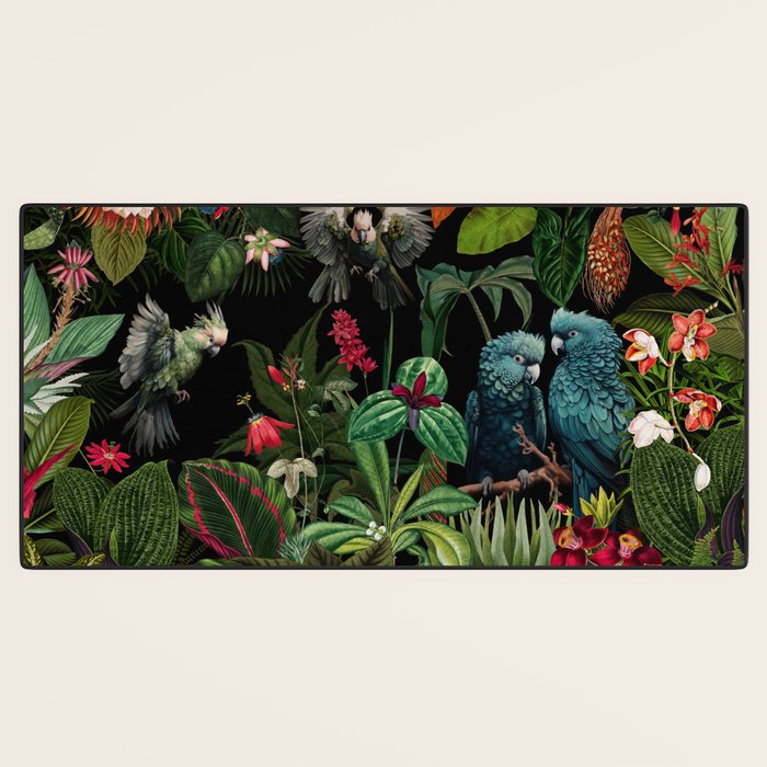 Midnight Vintage Exotic Flower And Birds Garden Jungle Desk Mat Gallery Image 3