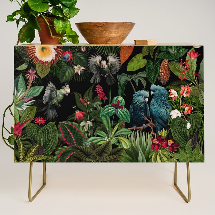 Midnight Vintage Exotic Flower And Birds Garden Jungle Credenza Gallery Image 1