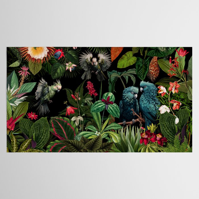 Midnight Vintage Exotic Flower And Birds Garden Jungle Tablecloth Gallery Image 2