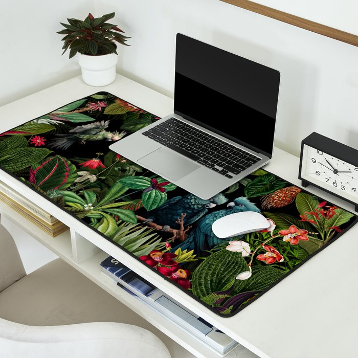 Midnight Vintage Exotic Flower And Birds Garden Jungle Desk Mat Gallery Image 2