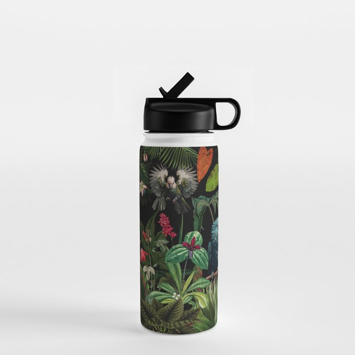 Midnight Vintage Exotic Flower And Birds Garden Jungle Water Bottle Gallery Image 1