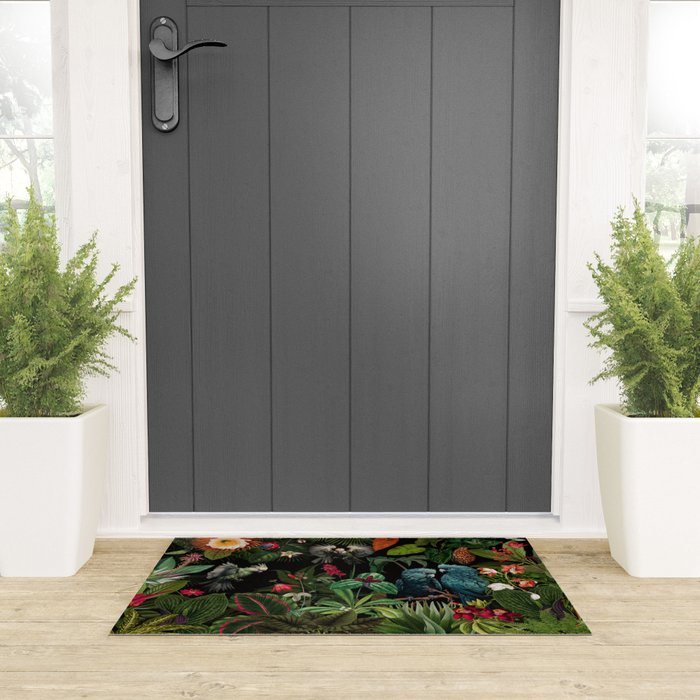 Midnight Vintage Exotic Flower And Birds Garden Jungle Welcome Mat Gallery Image 3