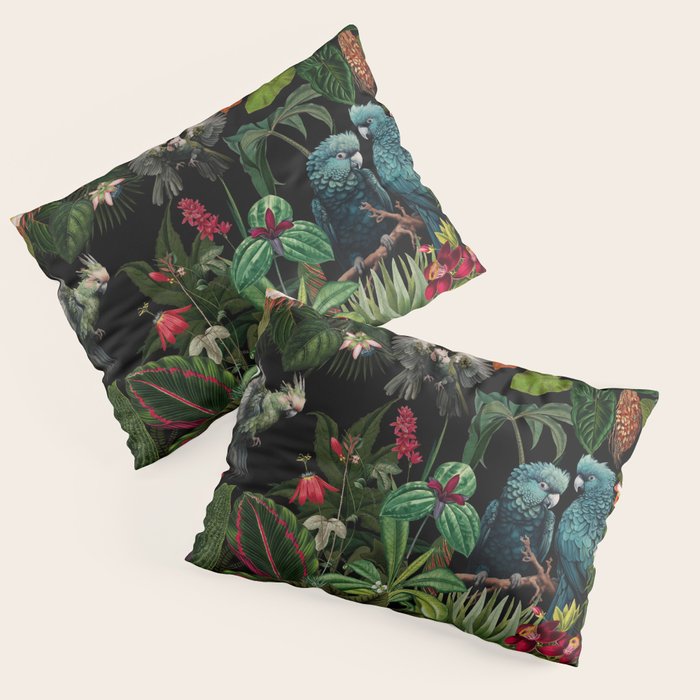 Midnight Vintage Exotic Flower And Birds Garden Jungle Pillow Sham Gallery Image 3
