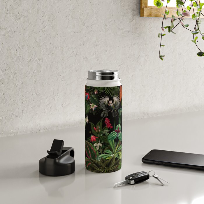 Midnight Vintage Exotic Flower And Birds Garden Jungle Water Bottle Gallery Image 4