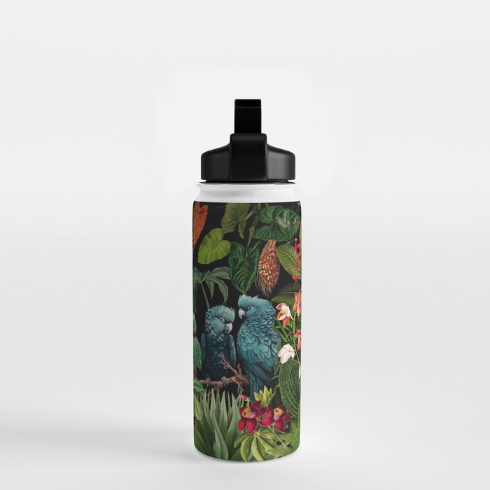Midnight Vintage Exotic Flower And Birds Garden Jungle Water Bottle Gallery Image 2