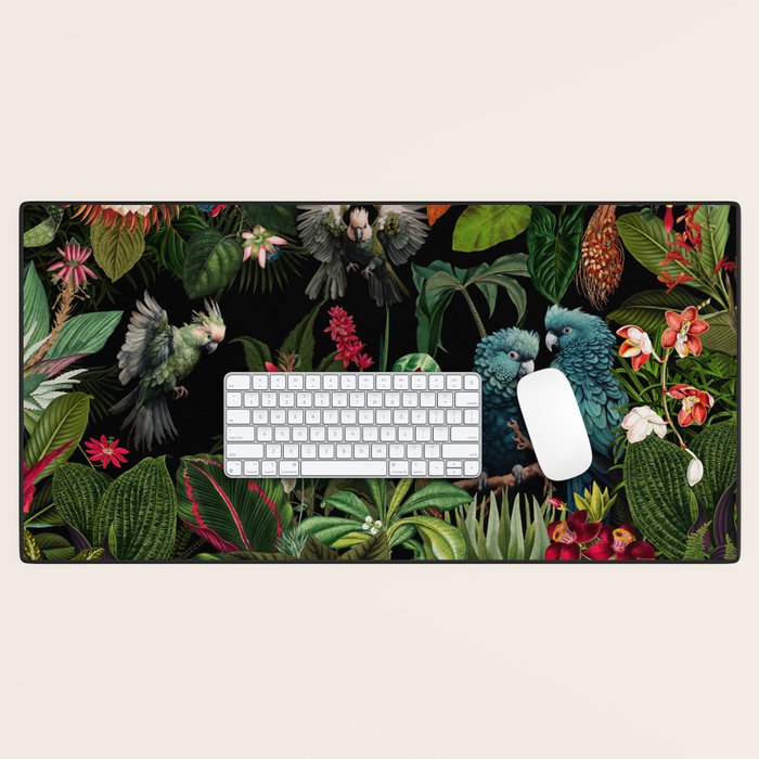 Midnight Vintage Exotic Flower And Birds Garden Jungle Desk Mat Gallery Image 1