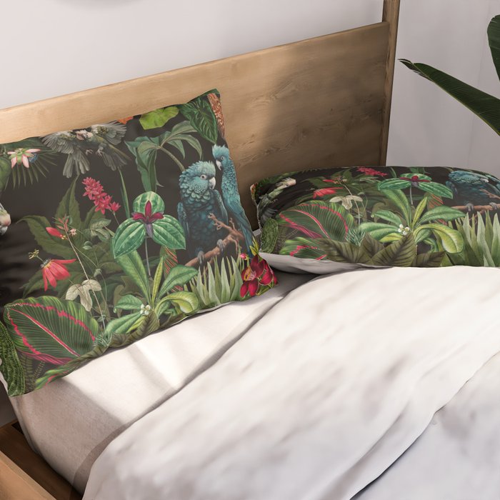 Midnight Vintage Exotic Flower And Birds Garden Jungle Pillow Sham Gallery Image 2
