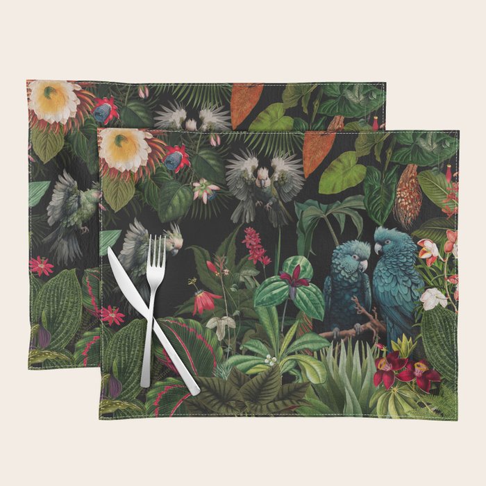 Midnight Vintage Exotic Flower And Birds Garden Jungle Placemat Gallery Image 1