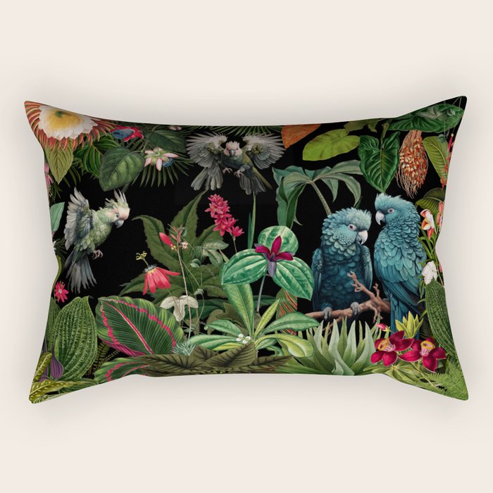 Midnight Vintage Exotic Flower And Birds Garden Jungle Rectangular Pillow Gallery Image 2