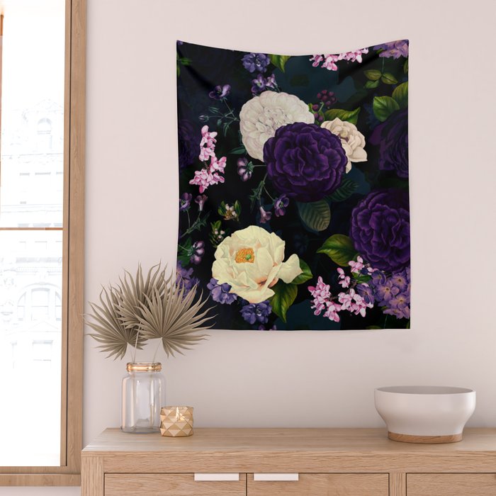 Vintage Midnight Purple Botanical Roses Flower Garden Wall Tapestry Gallery Image 2