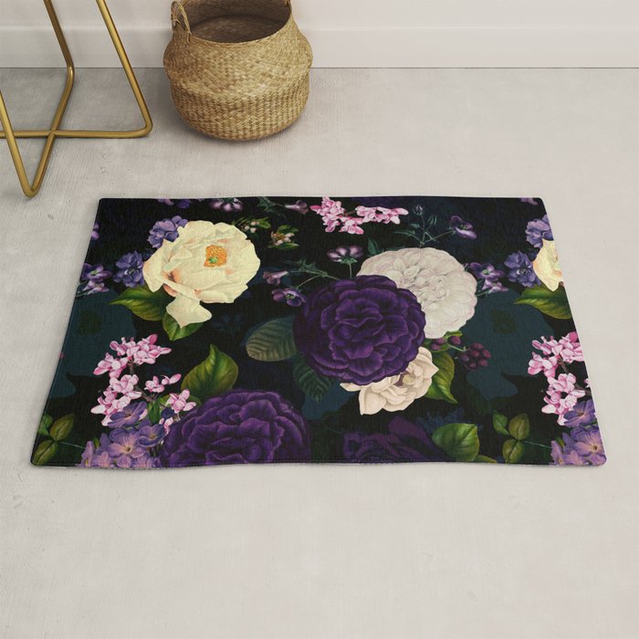 Vintage Midnight Purple Botanical Roses Flower Garden Rug Gallery Image 1