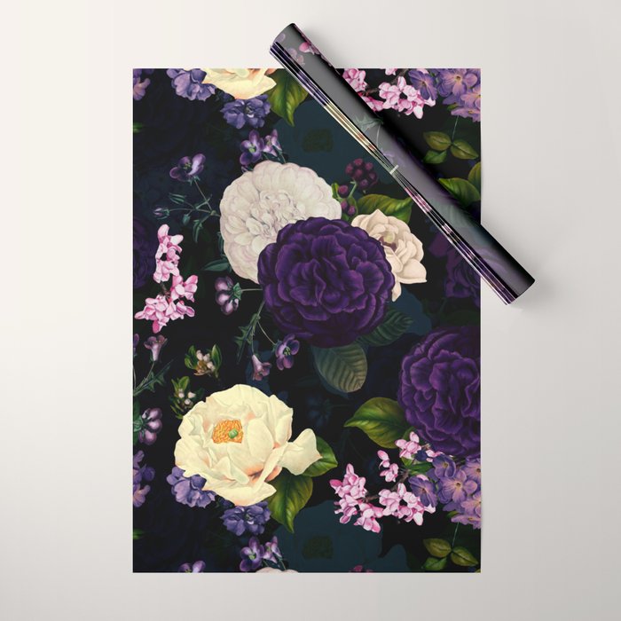 Vintage Midnight Purple Botanical Roses Flower Garden Wrapping Paper Gallery Image 1