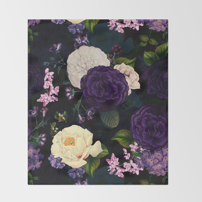 Vintage Midnight Purple Botanical Roses Flower Garden Throw Blanket Gallery Image 2
