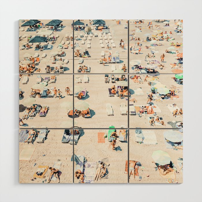 Vintage Beach Photography, Aerial Beach Print, Beach People, People On Beach, Beach Umbrellas Wood Wall Art Gallery Image 1