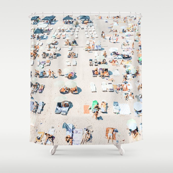 Vintage Beach Photography, Aerial Beach Print, Beach People, People On Beach, Beach Umbrellas Shower Curtain Gallery Image 1