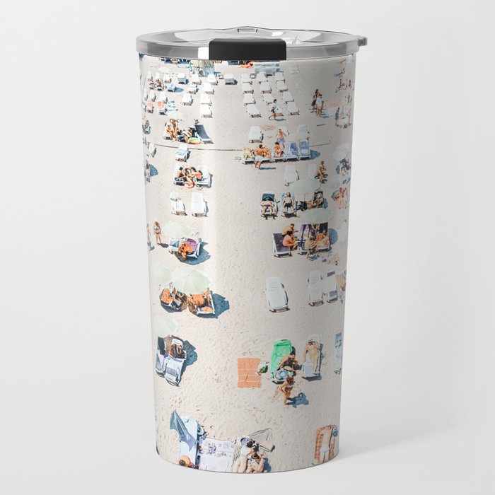 Vintage Beach Photography, Aerial Beach Print, Beach People, People On Beach, Beach Umbrellas Travel Mug Gallery Image 1