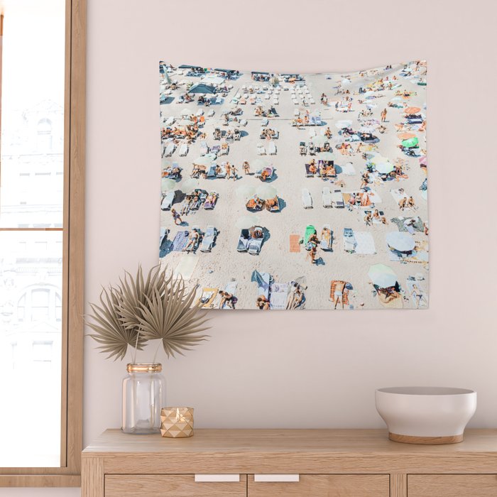 Vintage Beach Photography, Aerial Beach Print, Beach People, People On Beach, Beach Umbrellas Wall Tapestry Gallery Image 2