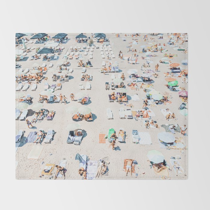 Vintage Beach Photography, Aerial Beach Print, Beach People, People On Beach, Beach Umbrellas Throw Blanket Gallery Image 2