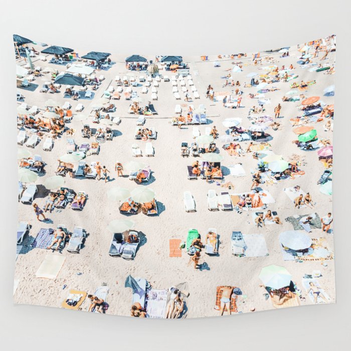Vintage Beach Photography, Aerial Beach Print, Beach People, People On Beach, Beach Umbrellas Wall Tapestry Gallery Image 1