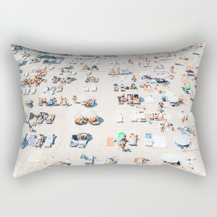 Vintage Beach Photography, Aerial Beach Print, Beach People, People On Beach, Beach Umbrellas Rectangular Pillow Gallery Image 1