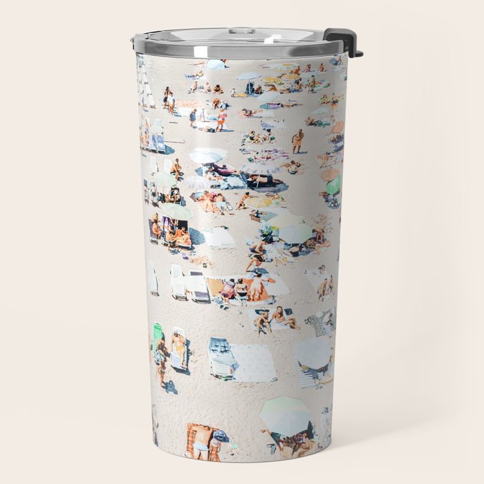 Vintage Beach Photography, Aerial Beach Print, Beach People, People On Beach, Beach Umbrellas Travel Mug Gallery Image 2
